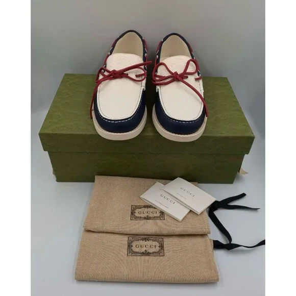 Gucci Men's Riverside Moccasin Calfskin GG Boat Shoes Blue/Off White 745968 UK9 - Picture 11 of 12